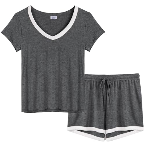 Image of Joyaria Cooling Pajamas Bamboo Viscose Women Short Sleeve V Neck PJ Shorts Set