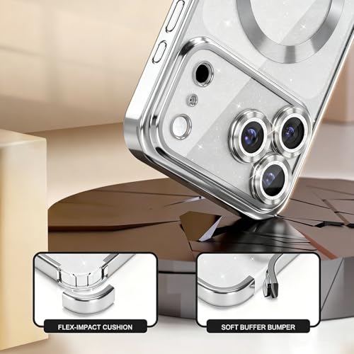 Image of Misscase for iPhone 17 Case with Privacy Screen Protector, Built-in Lens Protector, Compatible with MagSafe, Anti-Yellowing Shockproof TPU, Bling Glitter Electroplated Cover 6.3 inch Silver