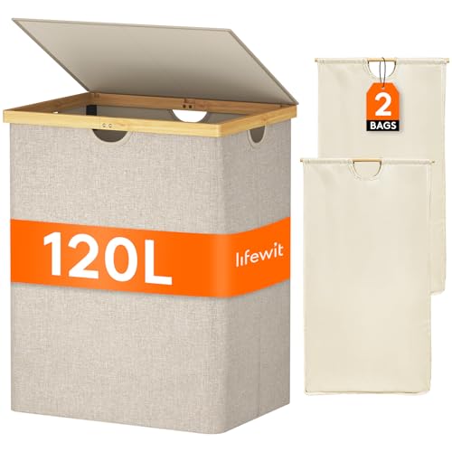 Lifewit 120L Double Laundry Hamper with Lid, Extra Large Bamboo Laundry Basket Dirty Clothes Hamper...