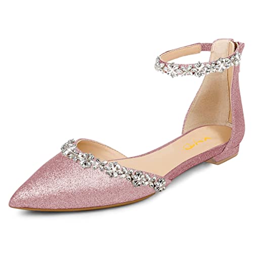 Image of XYD Women Classic Pointed Toe D'Orsay Wedding Flat Sandals Sparkly Rhinestones Ankle Strap Low Heel Dress Shoes with Zipper