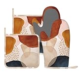 Boho Abstract Minimalist Aesthetic Oven Mitts and Pot Holders Sets, 4pcs Silicone Non-Slip Kitchen Mitts Potholders Heat Resistant BBQ Gloves Hot Pads for Cooking Grilling Baking Chef Gifts