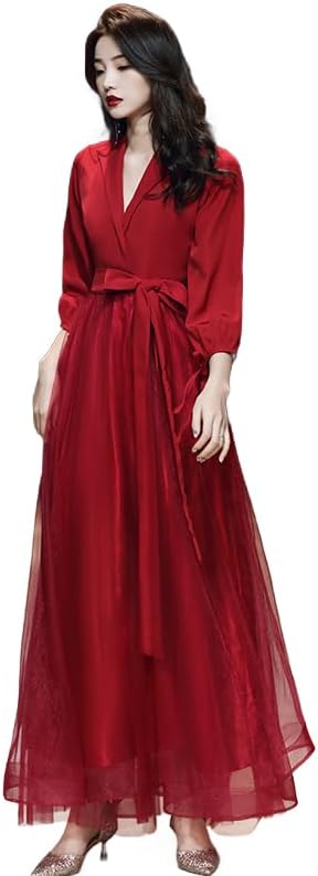 ロングドレス ワンピース 赤 レッド レディース ドレス 長袖 大人 ピアノ 発表会 パーティードレス 結婚式 成人式 演奏会用ドレ