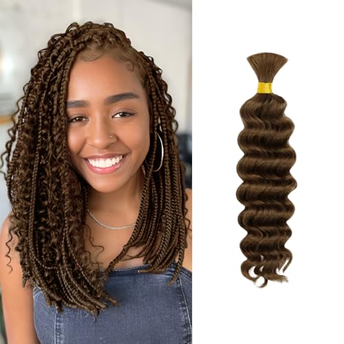 1 Bundle Human Braiding Hair for Boho Braids, 14Inch 40G #30 10A Brazilian Virgin Deep Wave Bulk Human Hair for Braiding, Wet And Wavy No Weft Curly Braiding Hair for Boho Knotless Braids 14