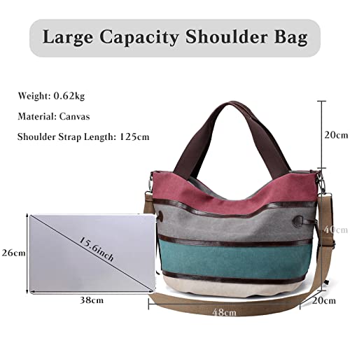Image of Women Shoulder Bag Large Canvas Handbag Multi-Color Striped Crossbody Bag Satchel Ladies Hobo Tote for Travel Work Shopping Daily Use Red