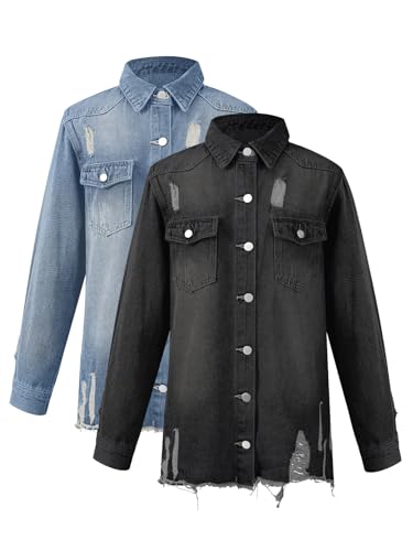 Women's Oversized 2 Piece Denim Jacket Casual Long Sleeve Shirts Distresse Jean Coat 2025 Outfits (Pack of 2)4