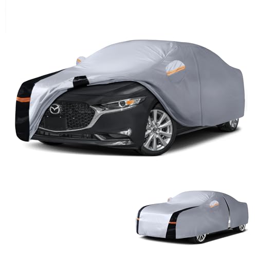 Image of Multi-Layer Car Cover Custom Fit for Mazda 3 Sedan (2003-2026), 100% Waterproof All Weather for Automobiles, Gift with Towel, Heavy Duty Car Covers for Rain Sun UV Protection with Door Zipper.