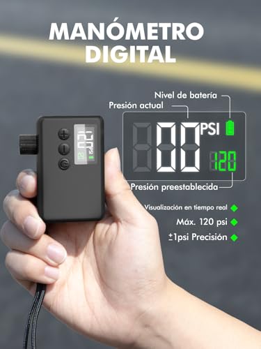 GPUTEK Bomba De Bicicleta Eléctrica, Bomba De Aire Portátil De Alta Presión De 120 PSI para Bicicletas Pequeñas con Medidor Digital para Válvulas Presta Y Schrader De Bicicletas De Carretera - imagen 3