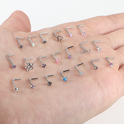 Besteel 20 Pcs Hypoallergenic 20G Nose Rings for Women Men Cubic Zirconia Stainless Steel Nose Studs Set Labret Lip Nostril Piercing Jewelry Multicolor 2mm L Shaped - Thumbnail 4