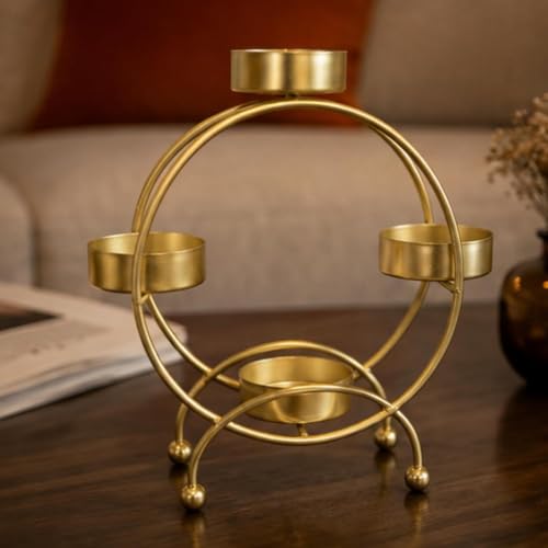Image of Webelkart Premium Gold Tealight Candle Holder with 5 Candle Cups | Decorative Candle Stand for Home Decor, Living Room, Dining Table, Bedroom & Diwali Festive Decoration (7 inch Inches)