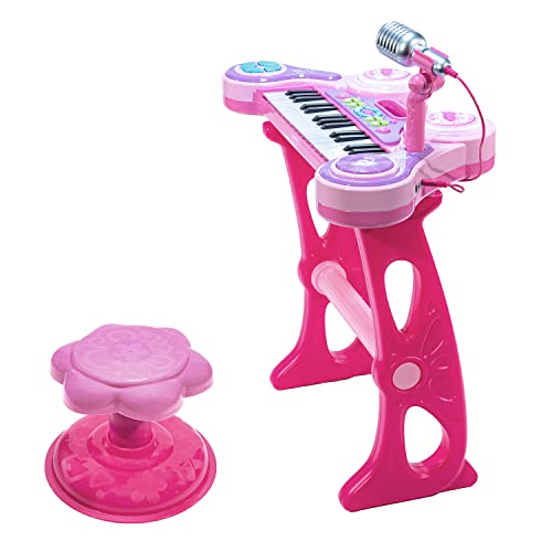 TECLADO PIANO INFANTIL MICROFONE BANQUINHO LUZ SOM ROSA - MC18059-R