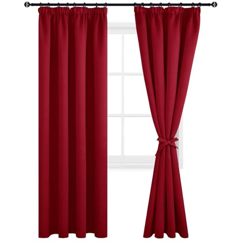 DWCN Blackout Curtains for Bedroom - Thermal Insulated Room Darkening Pencil Pleat Window Curtains for Living Room 90 x 90 inch Length,Red, 2 Panels
