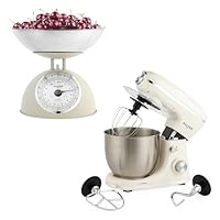 Salter Stand Mixer & Analogue Scale Set – 5kg Cream Mechanical Kitchen Scale with 2L Dishwasher Safe Bowl, 1300W 5L Electric Food Mixer with Dough Hook, Beater & Whisk, 8 Speed Settings, Retro Design