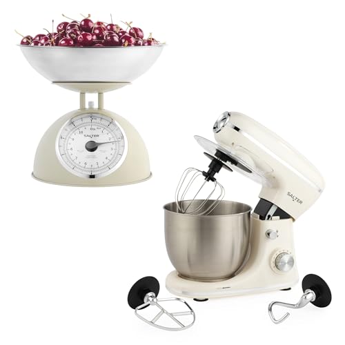 Salter Stand Mixer & Analogue Scale Set – 5kg Cream Mechanical Kitchen Scale with 2L Dishwasher Safe Bowl, 1300W 5L Electric Food Mixer with Dough Hook, Beater & Whisk, 8 Speed Settings, Retro Design
