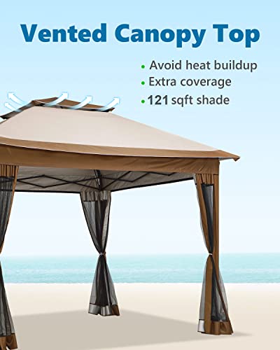 Quictent 11’X11’ Pop Up Gazebo Tent With Mosquito Netting, Vented Top Outdoor Instant Screened Gazebo Tent Canopy Shelter With 4 Sand Bags, Beige #TOP5