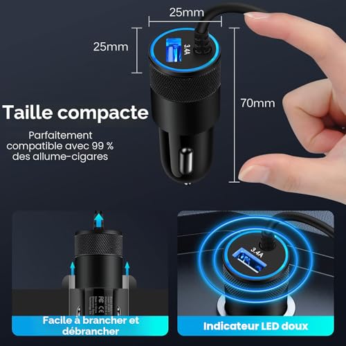 Adaptateur Allume Cigare USB, 3.4A Chargeur Voiture Charge Rapide avec Câble Spiralé USB C, Prise Allume Cigare 12V pour Samsung Galaxy S26 Ultra/S25 FE/S24/S23/S22/S21/A56/A16, iPhone 17 Pro/16e/15 – vue 6