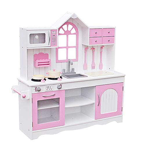 Girls Wood Kitchen Toy Cooking Pretend Play Set Toddler Wooden Playset with Kitchenware Pink