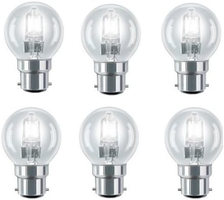 6 Pack Eco Halogen Mini Globes 28W (=35W-40W) BC B22 B22d Classic Clear Round Energy Saver Light Bulbs, Bayonet Cap, Golf Ball Dimmable Lamps, 340-370 Lumen, Mains 240V