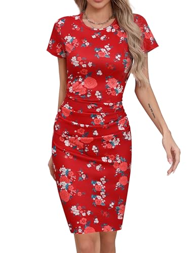 Image of Missufe Women's Short Sleeve Ruched Bodycon Casual Knee Length Floral Dress (Red Floral Short Sleeve, Large)
