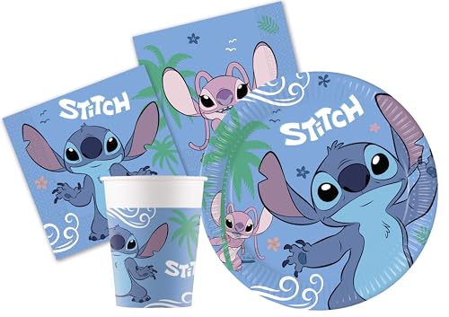 Kit louça de festa Disney Stitch & Angel para 24 pessoas (88 peças: 24 pratos Ø 23 cm, 24 copos 200 ml, 40 guardanapos 33 x 33 cm) de papel FSC