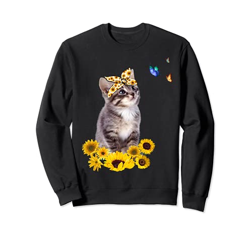 Kitten With Sunflower HeadBow Butterfly Cat With Bandana Cat Sweatshirt, Black