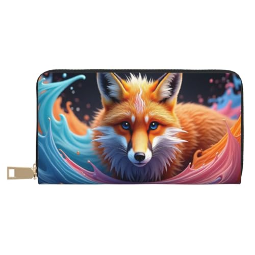 Wallet Women - Colorful Fox Pattern Print Leather Wallet for Women with Zipper, Cute Bifold Long Ladies Wallets