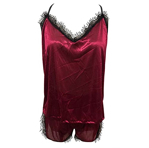 Generisch Pijama de satén sin mangas sillón conjunto pijamas mujeres, Rojo vino., S