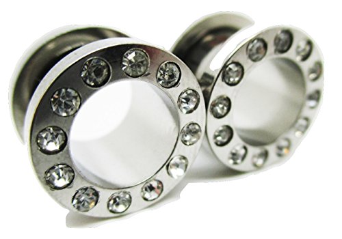 Pierced Republic Stainless Steel Cz Diamond Ear Plugs - Screw-on - New *Pair* 6 Sizes (00 Gauge (10mm))