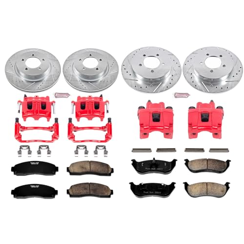 Image of PowerStop Front and Rear Brake & Caliper Kit for Ford Explorer 2002-05 | Mercury Mountaineer 2002-05 - Carbon-Fiber Ceramic Brake Pads + Drilled & Slotted Rotors + Red Powder Coated Calipers, KC2722