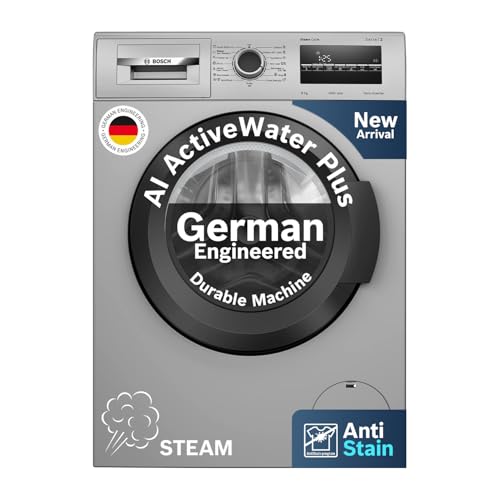 Bosch 8 kg 5 Star Front Load Fully-Automatic Washing Machine, Steam Hygiene, AI ActiveWater, 15 Wash Programs, No Tangle or Wrinkle, SoftCare Paddle, Shiny Silver, WAJ2826BIN