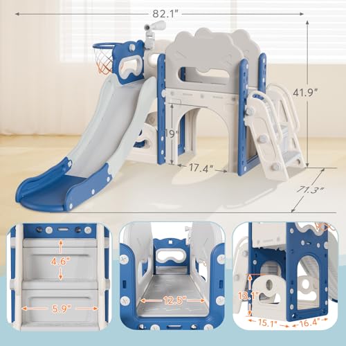 Babytronic Toddler Slide, 7 in 1 Kids Indoor Slide for Toddler 1-3, Indoor Outdoor Toddler Slide Playset with Basketball Hoop and Telescope, Baby Indoor Slide Toddler Playground(Blue&Gray)
