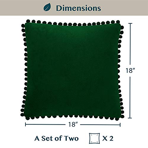 Pavilia Emerald Green Throw Pillow Covers, 18X18, Set Of 2, Pom Pom | Decorative Velvet Cushion Covers For Sofa Couch Bed | Forest Dark Green Fleece Accent Pillow Case Pompom #TOP4