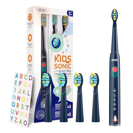 SEAGO Kids Electric Toothbrush, Sonic Soft Bristle Rechargeable Toothbrushes with DIY Stickers, 5 Modes, Includes 4 Replacement Brush Heads, Ages 3 to 12 Years Old (Navy)