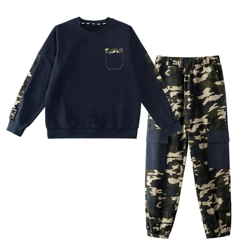 LOLANTA Set di tute da ginnastica a blocchi di colore da 2 pezzi per ragazzi e pantaloni cargo mimetici, Blu, 8-9 anni, 140