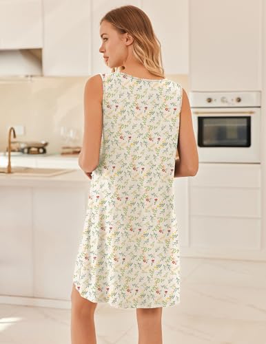 Image of Ekouaer Nightgowns for Women Sleeveless Sleep Shirt Tank Night Gown V Neck Chemise Pleated Night Shirt Soft Sleep Dress