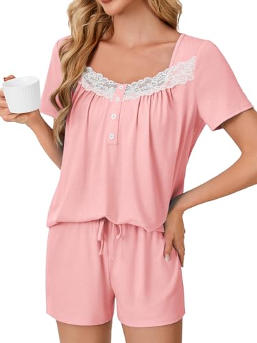 Rooscier Women's Pajama Set Lace Trim Short PJ Set V Neck Short Sleeve Sleepwear Nightwear Pink Medium