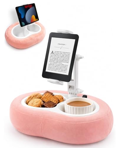 Miledi Tablet Pillow Stand for Bed Kindle Holder for Reading in Bed Adjustable iPad & Phone Holder Soft Cushion Tablet Stand with Snack Tray & Cup Holder Fits 512.9 Devices Pink