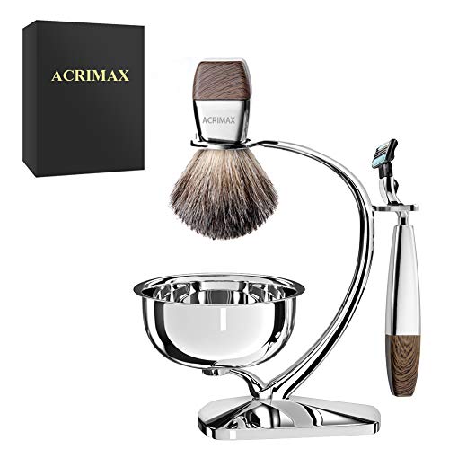 Premium Shaving Kit for Men, 4in1, ACRIMAX Badger Hair Shaving Brush Set, Luxury Manual Safety Razor Kit for Mach 3, Durable Shaving Razor & Brush Stand with Stainless Steel Soap Bowl