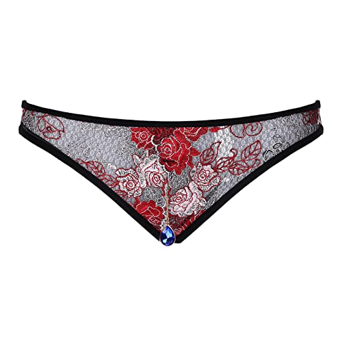 JanJean String Homme Sissy Culotte Ouverte Entrejambe Slip Transparent Dentelle Floral Brodée Caleçon Décoré Strass Pendentif Lingerie Coquine sous Vêtement Elastique Type A Taille Unique Cover