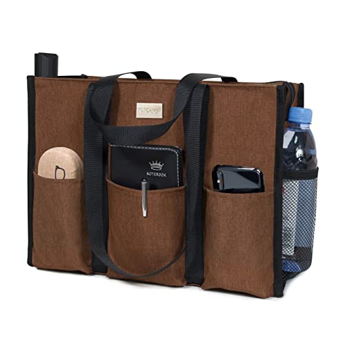 TOPDesign Utility Water Resistant Tote Bag with 13 Exterior & Interior Pockets, Top Zipper Closure & Thick Bottom Support, for Working Women, Teachers, Nurses, Accountants (Brown)