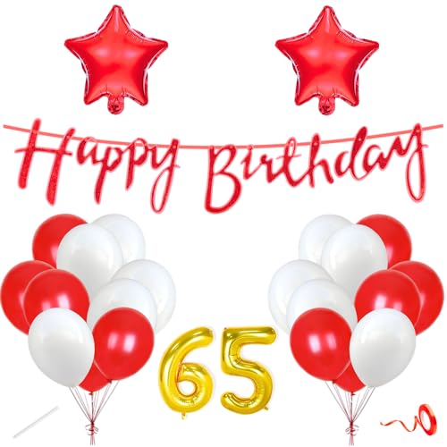 Image of Flyloons 65th Happy Birthday Decoration Kit Red White for Boys Girls Men Women Adults With 20 Pcs Metallic Balloons Birthday Banner 2 Pcs Star Items Set