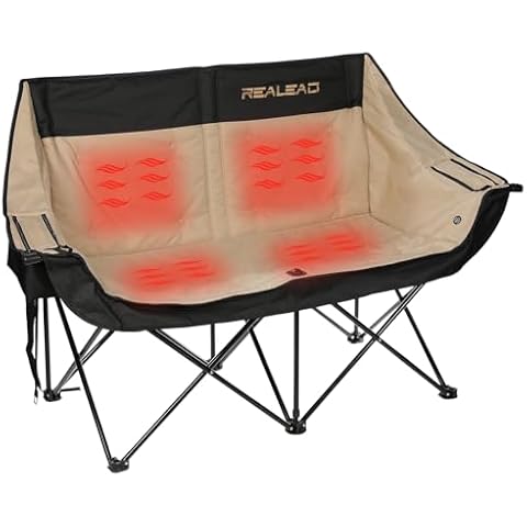REALEAD Heated Double Camping Chair - Heated Folding Chairs for Outdoor Sports with 3 Heat Levels and 4 Heating Zones - Portable Heated Loveseat Camping Chair Supports 650 lbs Battery NOT Included Cover