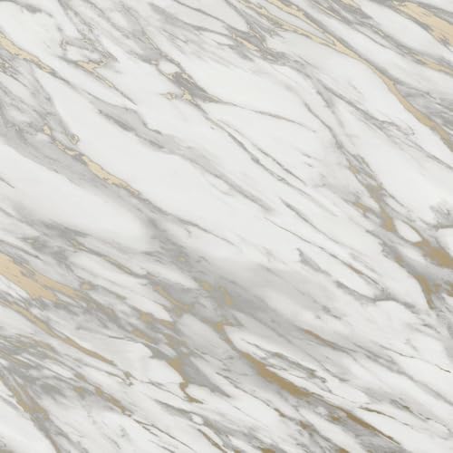 WPE® Realistic White Marble Wallpaper with Grey and Gold Veins – Luxury Vinyl Roll for Walls – Modern Faux Marble Design for Kitchens, Bathrooms, Living Rooms & Accent Walls – Durable & Easy to Apply
