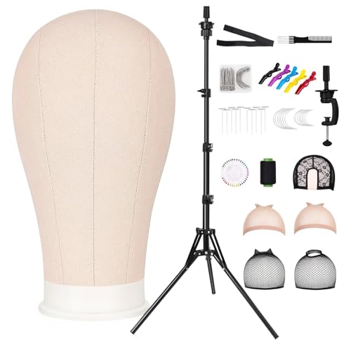 CASDUCT 63In Wig Stand Tripod with 22In Head Canvas Wig Head Stand with Mannequin Head for Wigs Manikin Head Block Set for Wigs Making Display Beige