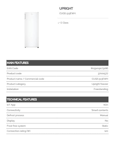 Candy, Upright, CUQS 513EWH, Congelatore, Libera Installazione, 163 Litri, 38 dB, Bianco, AxLxP 138x54,5x56,5 cm [Classe di efficienza energetica E] - 5