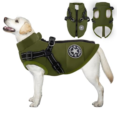 Koramaku 犬服「2024冬の登場」一体型綿コート ハーネス付き 背中開き おしゃれ 牽引 夜間反射 暖かい ペット 猫 犬 服 冬 小型犬 中型犬 着脱簡単 裏起毛 ベスト 防寒 防水 撥水 ジャケットリードリングあり お散歩(4XL,オリブ−)