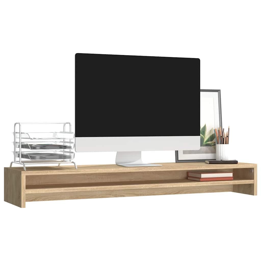 Supporto per monitor in rovere Sonoma, 100 x 24 x 13 cm, con ripiano, ergonomico per PC e gioco, salvaspazio, per scrivania e ufficio, adatto per TV a schermo piatto e schermo