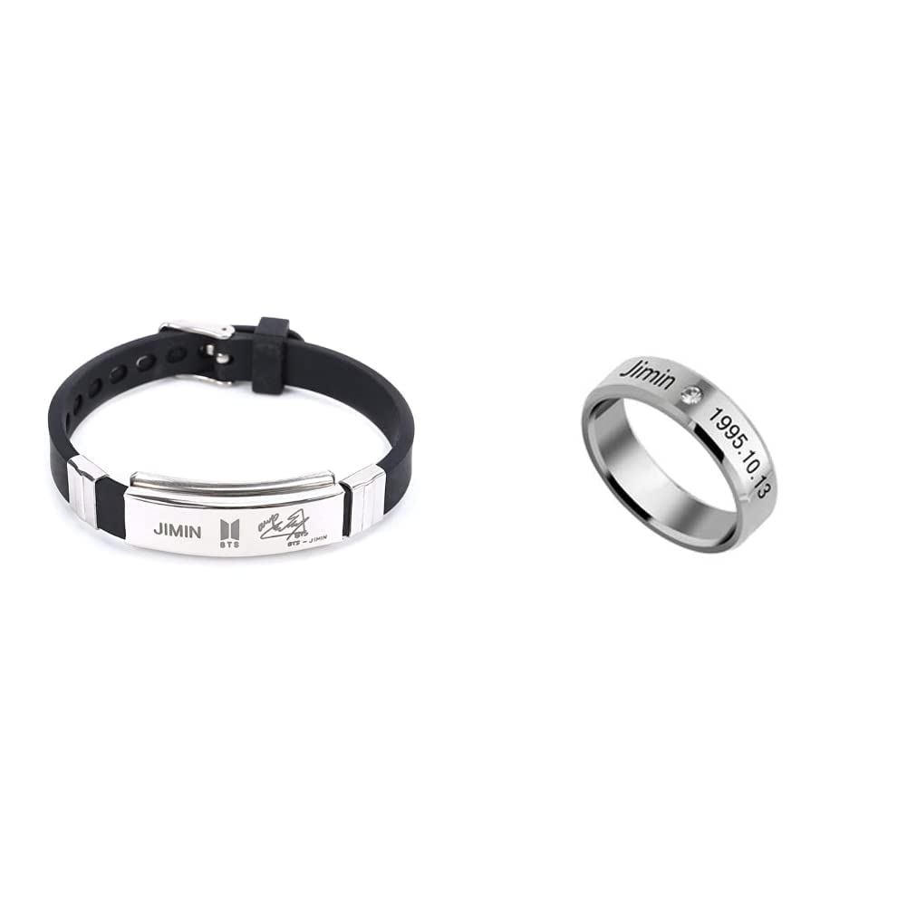 Yellow Chimes Kpop BTS Band Exquisite Signature Jimin Silicon Unisex Silver Plated Charm Bracelet for Men (Silver;Black) and Kpop BTS Bangtan Boys Jimin Members Name and Date of Birth Mentioned Ring (B08WD854JN) Amazon Price History, Amazon Price Tracker
