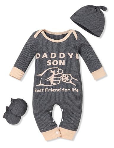 Image of Rutoe Newborn Baby Boy Clothes Infant stripe Boys Hoodie Romper Little Brother Letter Print Bodysuit Jumpsuit+Hat+Gloves 3Pcs Newborn Outfit Set 0-3M, Baby Boy Dark Gray, 0-3 Months