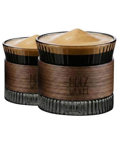 Holzwurm Espressotassen Set Glas 170 ml inkl. Walnuss Holz, Cappuccino Gläser, Teetasse für Tee, Espresso Tassen, Mokka Tassenset für Kaffeeliebhaber (Schwarz, 2er Set)