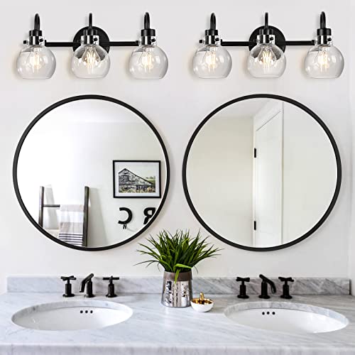 Image of Bathroom Light Fixtures, Black 3 Lights Vanity Light, Farmhouse Wall Sconces with Globe Glass Shade, Porch Wall Mount Lamp for Mirror, Kitchen, Porch Living Room Workshop (E26 Base)